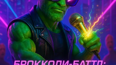 Брокколи-Баттл: Неоновый Фристайл — история песни о танцевальной битве овощей в мегаполисе. Обложка к песне «Брокколи-Баттл: Неоновый Фристайл». Мускулистый брокколи в очках и с микрофоном на фоне неонового города.