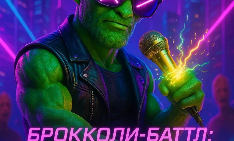 Брокколи-Баттл: Неоновый Фристайл — история песни о танцевальной битве овощей в мегаполисе. Обложка к песне «Брокколи-Баттл: Неоновый Фристайл». Мускулистый брокколи в очках и с микрофоном на фоне неонового города.
