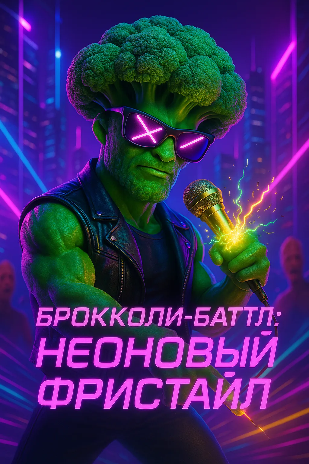 Брокколи-Баттл: Неоновый Фристайл — история песни о танцевальной битве овощей в мегаполисе. Обложка к песне «Брокколи-Баттл: Неоновый Фристайл». Мускулистый брокколи в очках и с микрофоном на фоне неонового города.