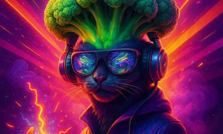 Брокколи-Кот: Неоновый Взрыв — история песни о прорыве сквозь цифровую реальность Обложка песни «Брокколи-Кот: Неоновый Взрыв». Кот в очках и с брокколи на голове в стиле поп-арт и неонового глитч-арта.