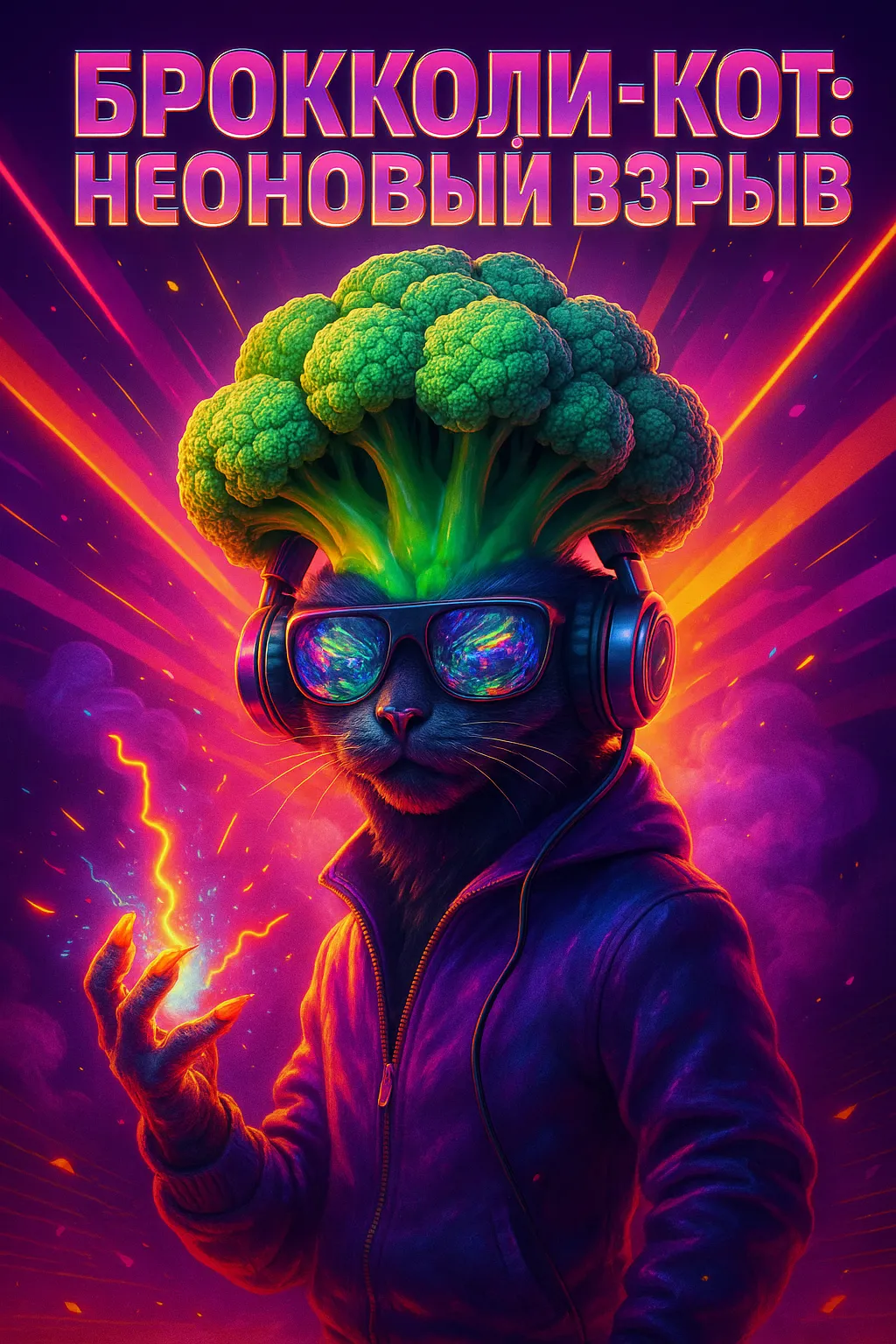 Брокколи-Кот: Неоновый Взрыв — история песни о прорыве сквозь цифровую реальность Обложка песни «Брокколи-Кот: Неоновый Взрыв». Кот в очках и с брокколи на голове в стиле поп-арт и неонового глитч-арта.