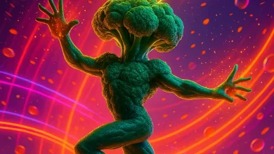 Когда овощи зажигают на танцполе: история хита «Брокколи-Ритм» Танцующий брокколи-человек на фоне морковного поля. Обложка для песни orDor «Брокколи-Ритм» в стиле энергичного фанк-попа.