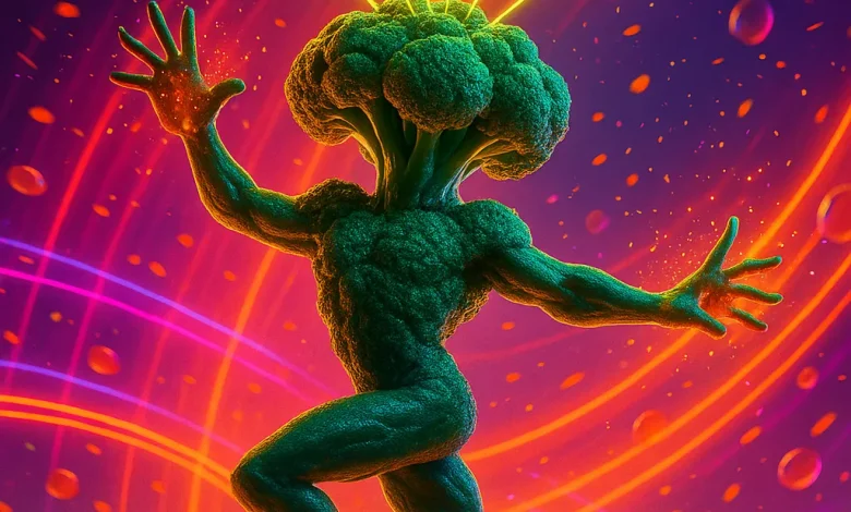 Когда овощи зажигают на танцполе: история хита «Брокколи-Ритм» Танцующий брокколи-человек на фоне морковного поля. Обложка для песни orDor «Брокколи-Ритм» в стиле энергичного фанк-попа.