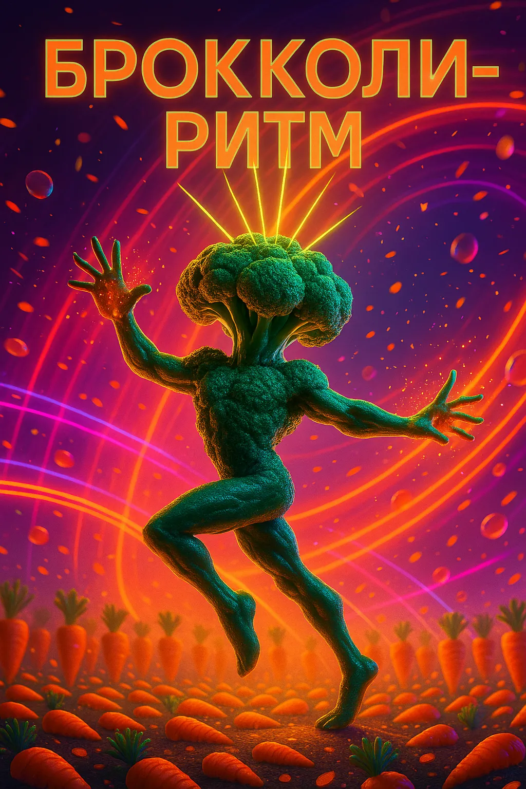 Когда овощи зажигают на танцполе: история хита «Брокколи-Ритм» Танцующий брокколи-человек на фоне морковного поля. Обложка для песни orDor «Брокколи-Ритм» в стиле энергичного фанк-попа.