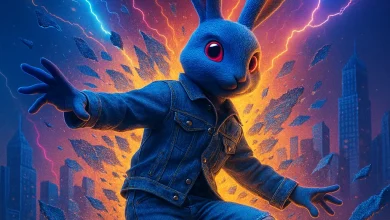 Джинсовый Взрыв: история песни, где реальность рвется под ритмы танца Синий неоновый кролик в джинсовой одежде танцует на фоне взрывающегося города. Обложка к hyperpop песне «Джинсовый Взрыв!».