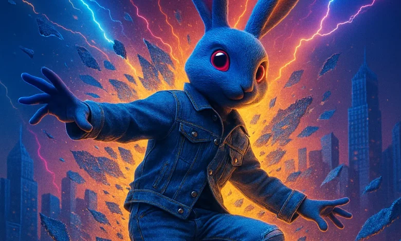 Джинсовый Взрыв: история песни, где реальность рвется под ритмы танца Синий неоновый кролик в джинсовой одежде танцует на фоне взрывающегося города. Обложка к hyperpop песне «Джинсовый Взрыв!».