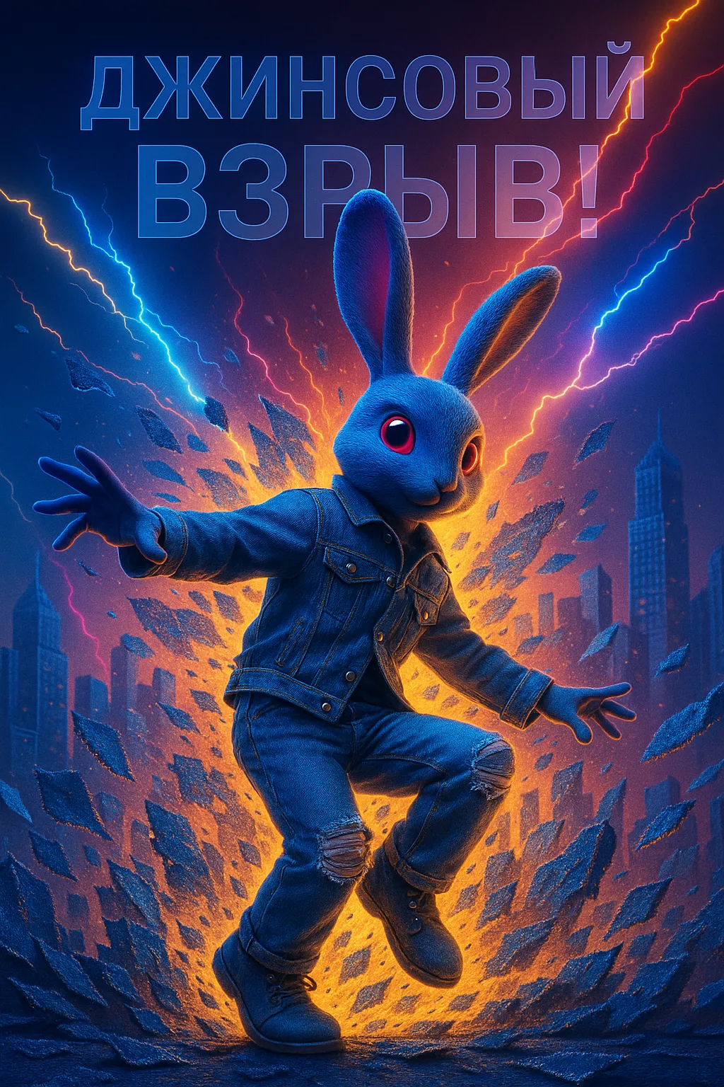 Джинсовый Взрыв: история песни, где реальность рвется под ритмы танца Синий неоновый кролик в джинсовой одежде танцует на фоне взрывающегося города. Обложка к hyperpop песне «Джинсовый Взрыв!».