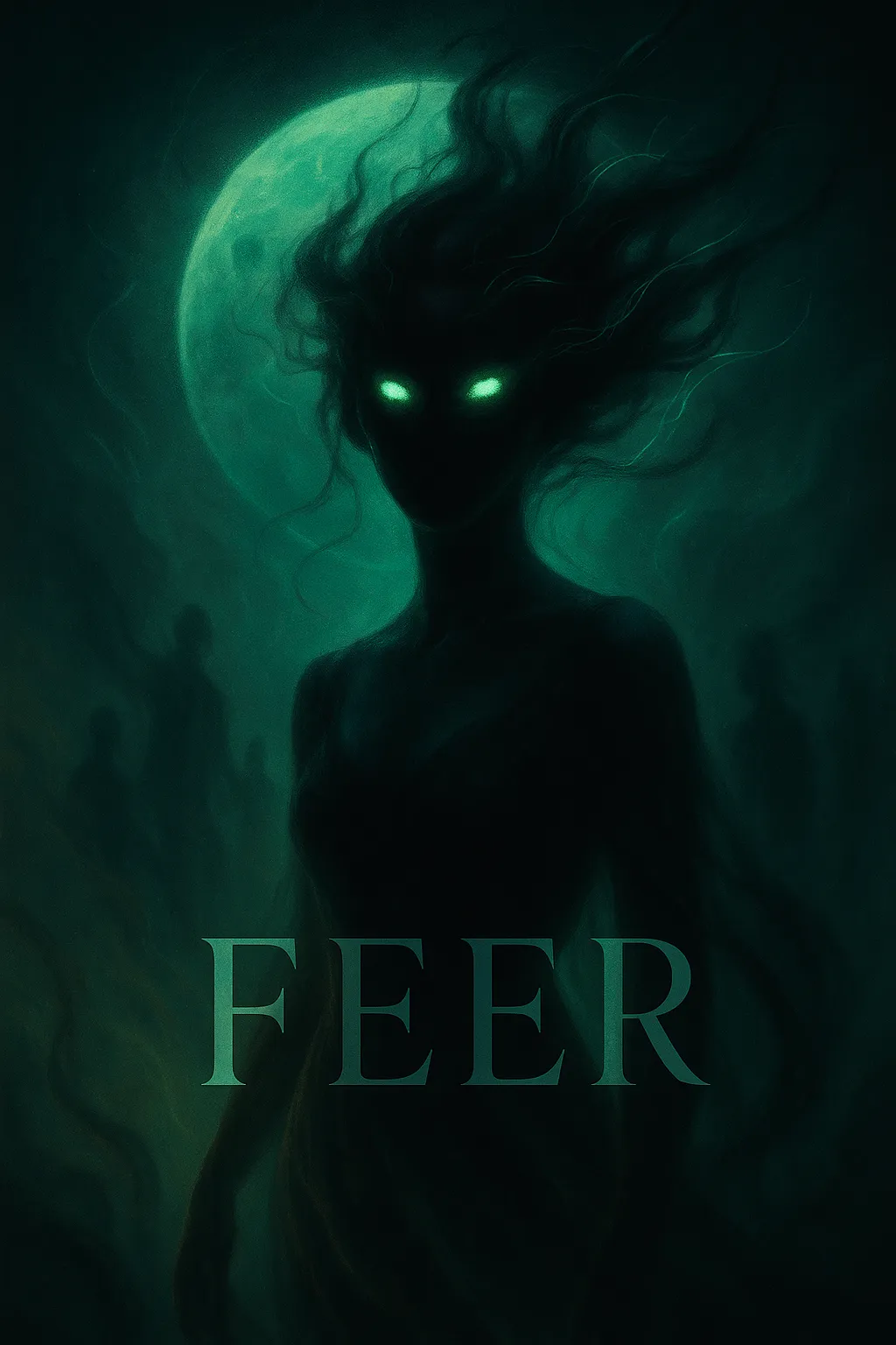 FEER: Погружение в гипнотическую бездну, где страх становится искушением Обложка сингла FEER: темная женская фигура со светящимися глазами на фоне зеленой луны. Мрачная иллюстрация в стиле darkwave.