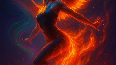 Феникс: История песни, рождённой из выгорания и танца Женщина с огненными крыльями, как феникс, восстает из пламени — обложка для hyperpop трека «Феникс» о возрождении и энергии.