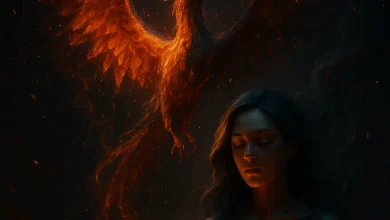 Феникс из Пепла: Музыка для тех, кто собирает себя из осколков Огненный феникс возрождается из пепла над женщиной с сияющей искрой надежды в груди. Арт к песне «Феникс из Пепла».