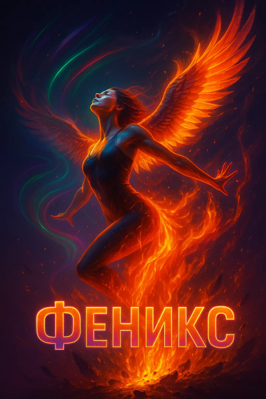 Феникс: История песни, рождённой из выгорания и танца Женщина с огненными крыльями, как феникс, восстает из пламени — обложка для hyperpop трека «Феникс» о возрождении и энергии.
