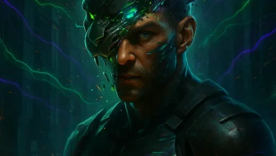 Глитч-разрыв: история песни о бунте против цифровой клетки и ярости танца Обложка песни «ГЛИТЧ-РАЗРЫВ». Мужчина-воин в киберпанк-стиле, с его головы слетает раскалывающаяся цифровая маска тигра.