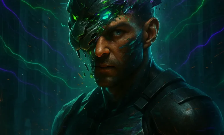 Глитч-разрыв: история песни о бунте против цифровой клетки и ярости танца Обложка песни «ГЛИТЧ-РАЗРЫВ». Мужчина-воин в киберпанк-стиле, с его головы слетает раскалывающаяся цифровая маска тигра.