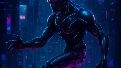 Глитч и Шок: история песни, рождённой из хаоса старой VHS-кассеты Киберпанк-андроид в неоновом городе на официальной обложке к энергичному electro house треку «Глитч и Шок».