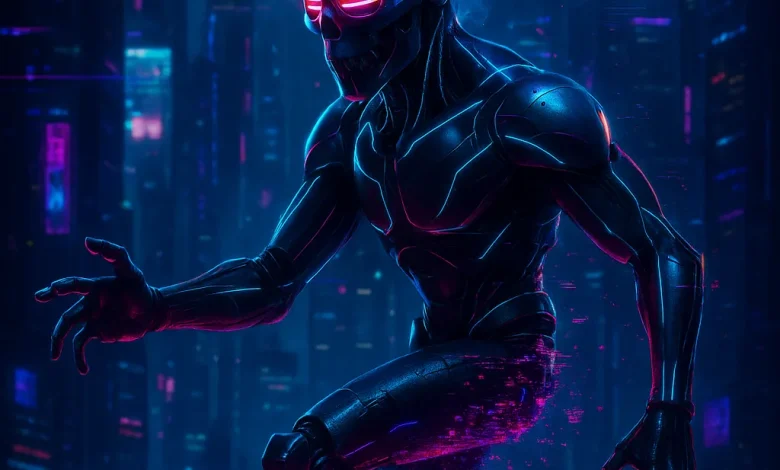 Глитч и Шок: история песни, рождённой из хаоса старой VHS-кассеты Киберпанк-андроид в неоновом городе на официальной обложке к энергичному electro house треку «Глитч и Шок».