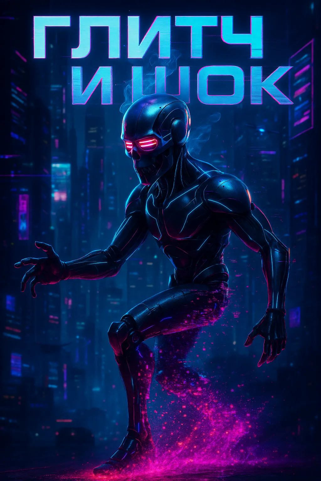 Глитч и Шок: история песни, рождённой из хаоса старой VHS-кассеты Киберпанк-андроид в неоновом городе на официальной обложке к энергичному electro house треку «Глитч и Шок».
