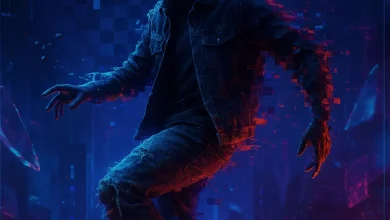 Глитч в Груве: Саундтрек к миру, который трещит по швам Танцующий человек в кепке и джинсовой куртке в стиле киберпанк. Арт к песне «Глитч в Груве» с неоновым светом и эффектом глитча.