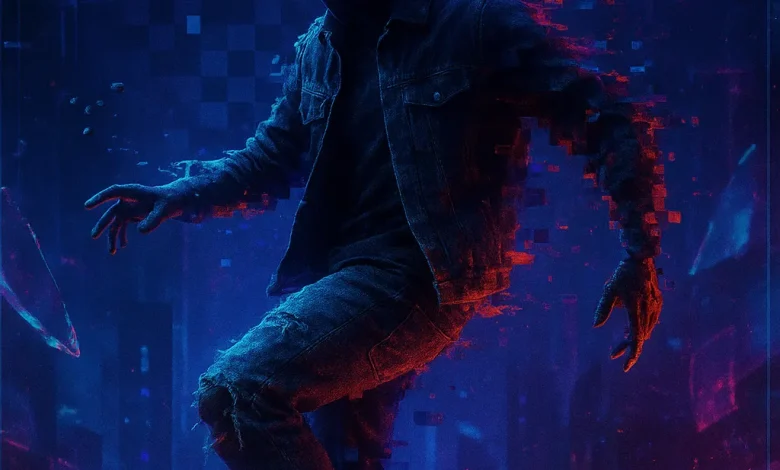 Глитч в Груве: Саундтрек к миру, который трещит по швам Танцующий человек в кепке и джинсовой куртке в стиле киберпанк. Арт к песне «Глитч в Груве» с неоновым светом и эффектом глитча.