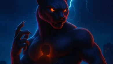 Гром в Груди: история шторма, который защищает хрупкое сердце Арт-обложка к песне «Гром в Груди». Могучий зверь-пантера с огненным силуэтом ребенка на груди на фоне ночной грозы.