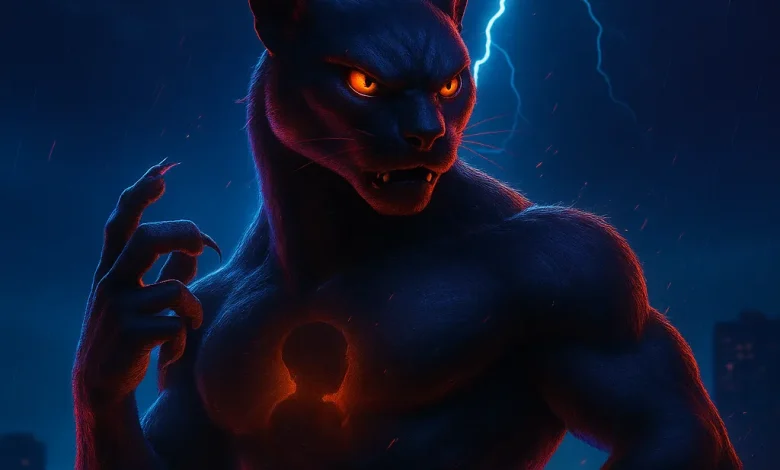 Гром в Груди: история шторма, который защищает хрупкое сердце Арт-обложка к песне «Гром в Груди». Могучий зверь-пантера с огненным силуэтом ребенка на груди на фоне ночной грозы.