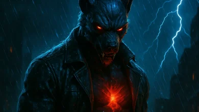 Гроза в груди: танец зверя, который защищает ребёнка внутри Арт-обложка к песне «Гроза в груди». Волк-оборотень в плаще защищает источник света в груди на фоне ночного города и молний.