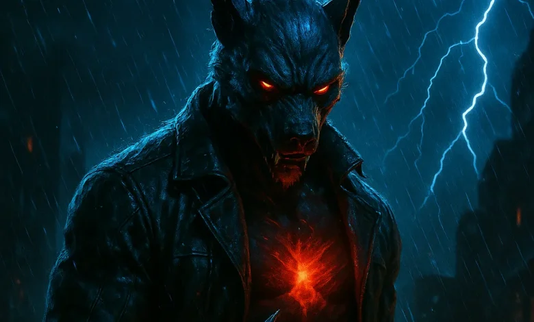 Гроза в груди: танец зверя, который защищает ребёнка внутри Арт-обложка к песне «Гроза в груди». Волк-оборотень в плаще защищает источник света в груди на фоне ночного города и молний.