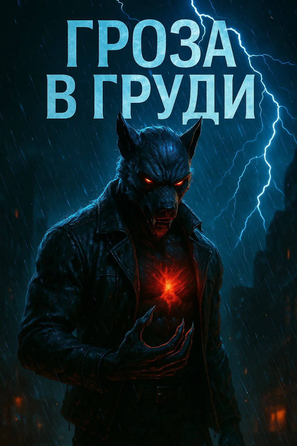 Гроза в груди: танец зверя, который защищает ребёнка внутри Арт-обложка к песне «Гроза в груди». Волк-оборотень в плаще защищает источник света в груди на фоне ночного города и молний.