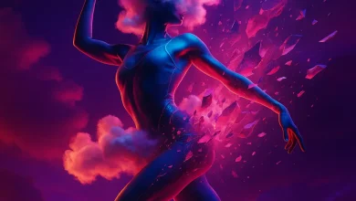 Хаос Облаков: Как превратить свой внутренний шторм в музыку Танцовщица с головой-облаком в экспрессивной позе на фоне сюрреалистичного заката — обложка к песне «Хаос Облаков».