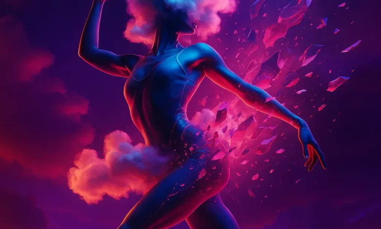 Хаос Облаков: Как превратить свой внутренний шторм в музыку Танцовщица с головой-облаком в экспрессивной позе на фоне сюрреалистичного заката — обложка к песне «Хаос Облаков».