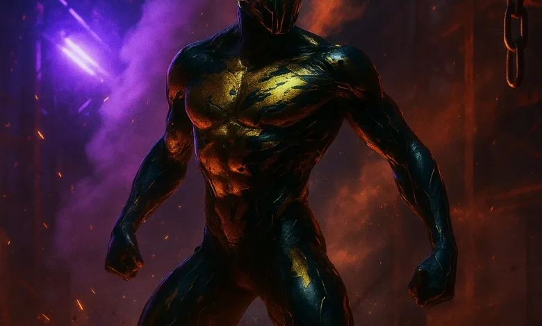 КРАМП ИЗ ГРУДИ: история звукового ритуала и внутренней трансформации Официальная обложка для трека «КРАМП ИЗ ГРУДИ». Кибер-танцор в футуристичном костюме на фоне искр в стиле индастриал-техно.