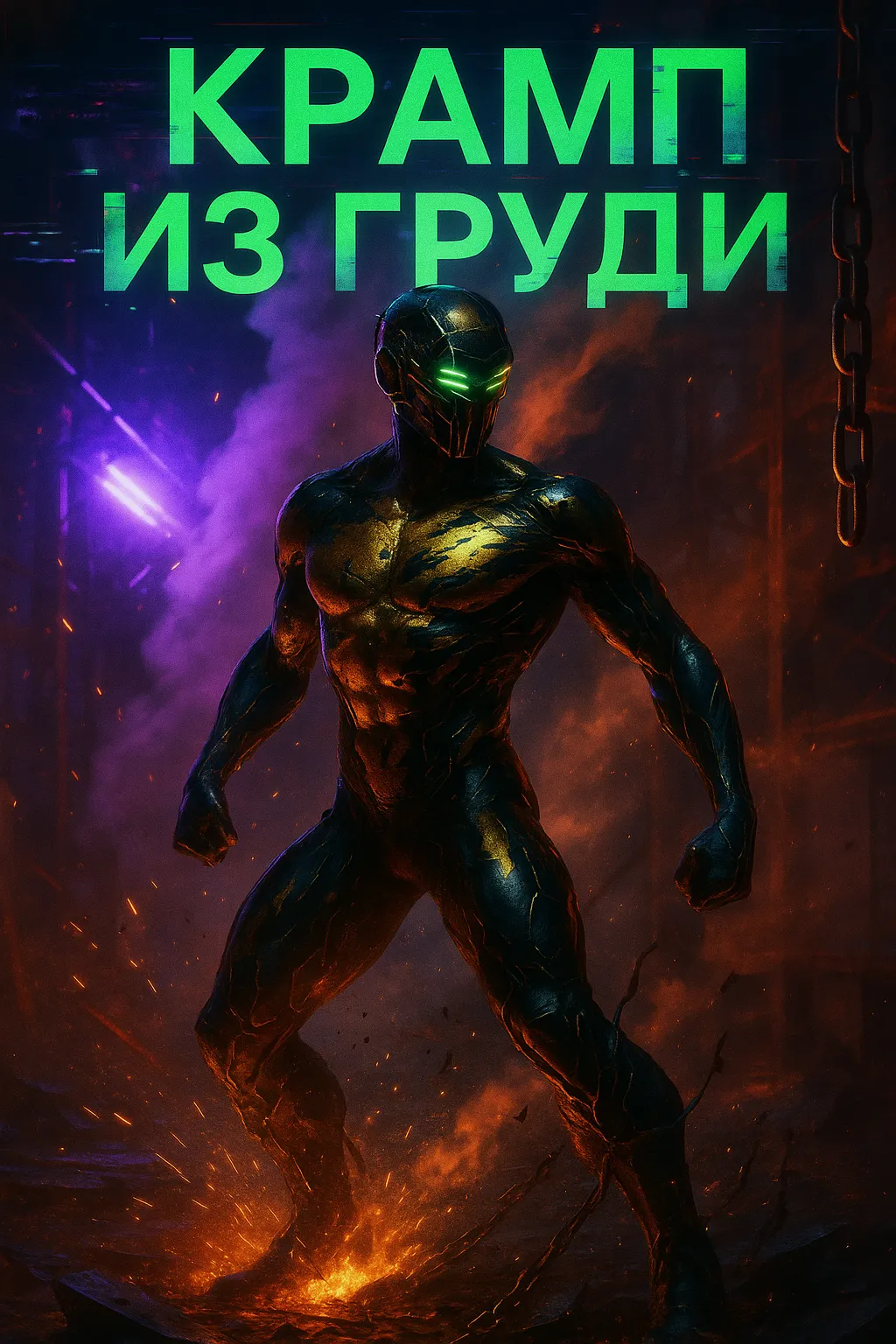 КРАМП ИЗ ГРУДИ: история звукового ритуала и внутренней трансформации Официальная обложка для трека «КРАМП ИЗ ГРУДИ». Кибер-танцор в футуристичном костюме на фоне искр в стиле индастриал-техно.