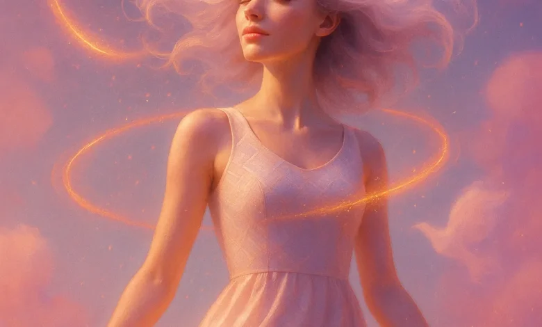 Магия Снов: саундтрек к вашим самым светлым мечтам Девушка в розовом платье с закрытыми глазами парит в пастельных облаках. Обложка песни «Магия Снов» в жанре дрим-поп.