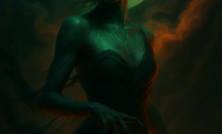 Мой Страх, Моя Тень: История песни, рождённой из трёх бессонных ночей Обложка песни «Мой Страх, Моя Тень» в стиле дарк-поп: загадочная женщина с гипнотическими зелёными глазами на фоне луны.