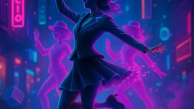 Неоновая Фантазия: Путешествие сквозь танец, от джаза 20-х до K-Pop будущего Девушка танцует в стиле электро-свинг на фоне неонового города. Обложка к синглу «Неоновая Фантазия» в жанре future pop.