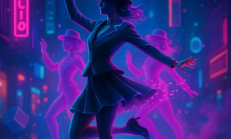 Неоновая Фантазия: Путешествие сквозь танец, от джаза 20-х до K-Pop будущего Девушка танцует в стиле электро-свинг на фоне неонового города. Обложка к синглу «Неоновая Фантазия» в жанре future pop.