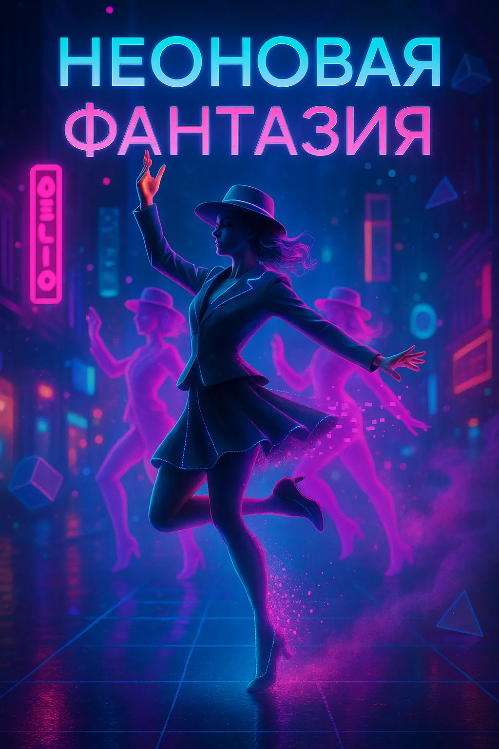 Неоновая Фантазия: Путешествие сквозь танец, от джаза 20-х до K-Pop будущего Девушка танцует в стиле электро-свинг на фоне неонового города. Обложка к синглу «Неоновая Фантазия» в жанре future pop.