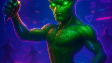 Неоновый Брокколи: как кухонный бунт стал гимном твоей внутренней революции Антропоморфный неоновый брокколи с микрофоном в руке на фоне киберпанк-вечеринки. Обложка для сингла в жанре электро-поп.