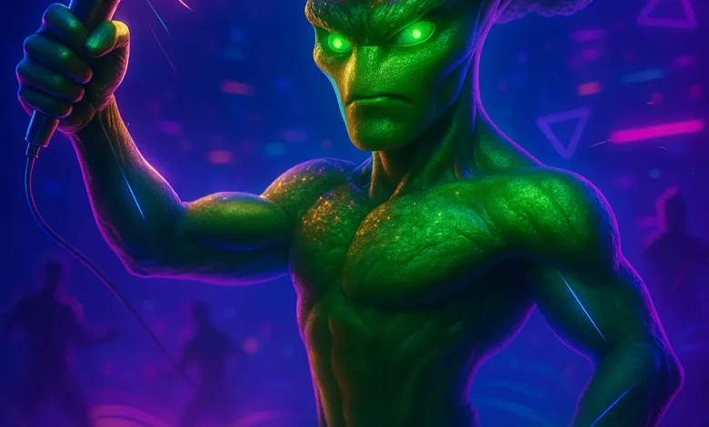 Неоновый Брокколи: как кухонный бунт стал гимном твоей внутренней революции Антропоморфный неоновый брокколи с микрофоном в руке на фоне киберпанк-вечеринки. Обложка для сингла в жанре электро-поп.