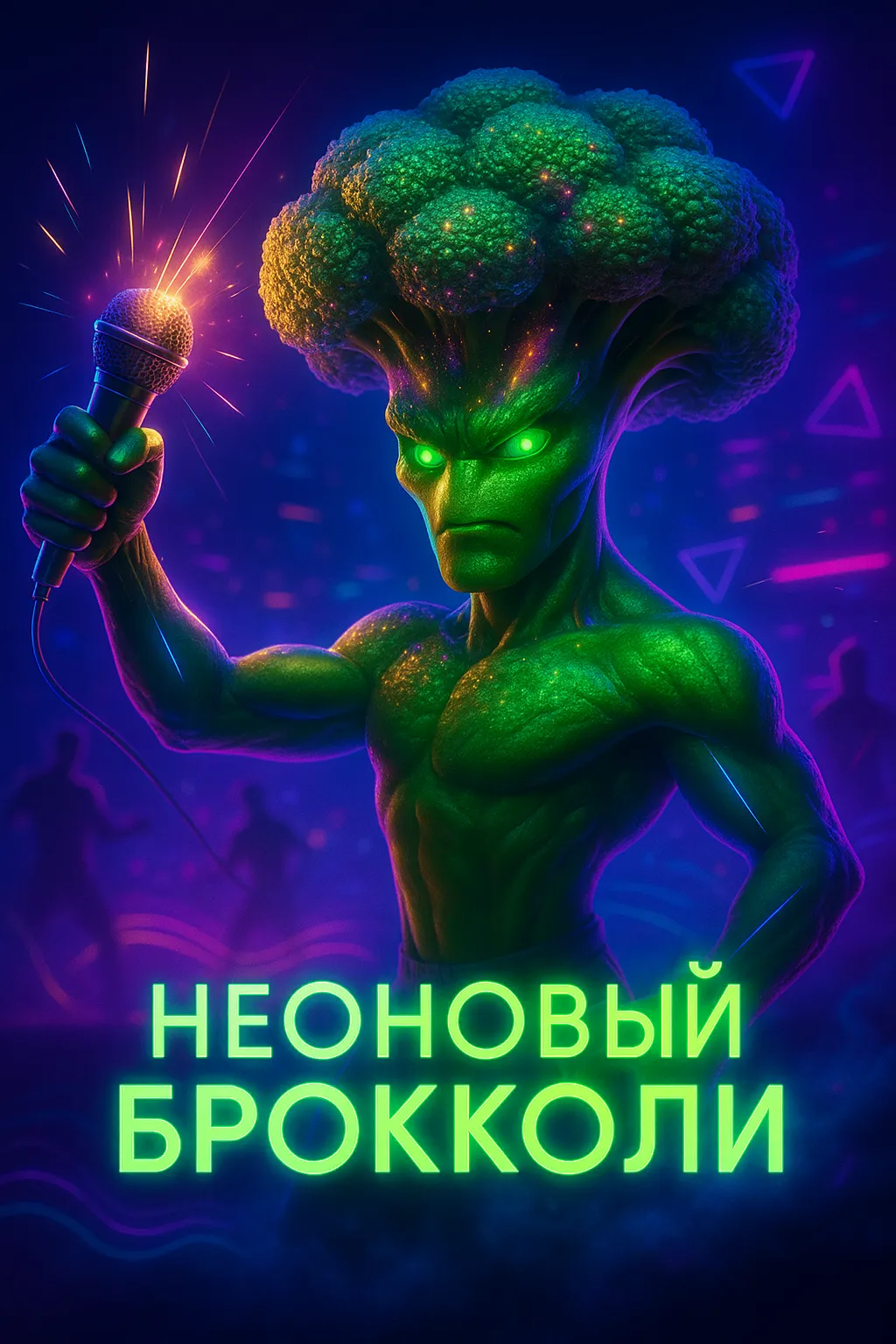 Неоновый Брокколи: как кухонный бунт стал гимном твоей внутренней революции Антропоморфный неоновый брокколи с микрофоном в руке на фоне киберпанк-вечеринки. Обложка для сингла в жанре электро-поп.