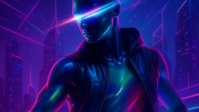 Неоновый Ритм: как уличный танец и свет аптечной вывески подарили жизнь новому хиту Обложка песни «Неоновый Ритм» в стиле синтвейв. Танцор, охваченный неоновой энергией, на фоне ночного города.