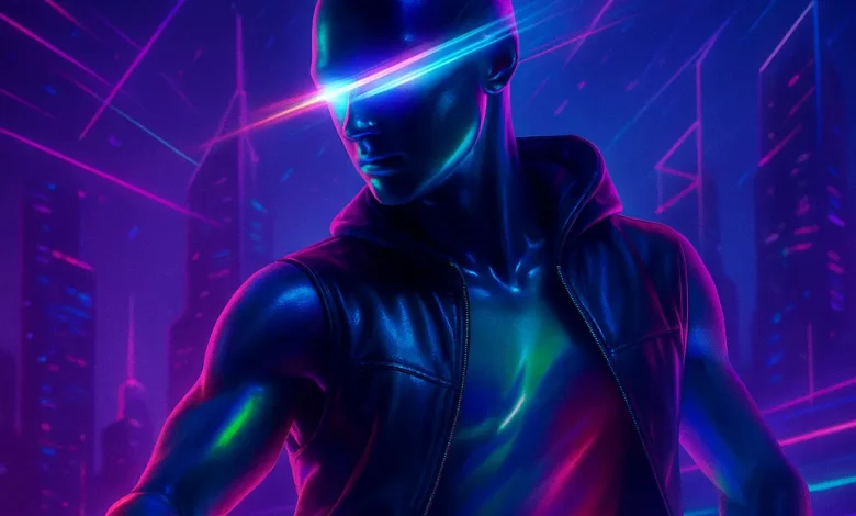 Неоновый Ритм: как уличный танец и свет аптечной вывески подарили жизнь новому хиту Обложка песни «Неоновый Ритм» в стиле синтвейв. Танцор, охваченный неоновой энергией, на фоне ночного города.