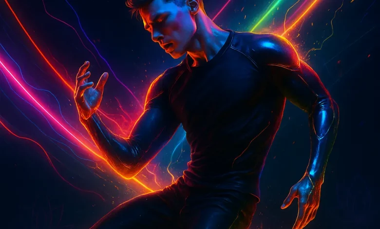 Неоновый Ритм: история песни о том, как музыка ломает серый фон реальности Танцор в динамичной позе в окружении ярких неоновых линий. Обложка к песне «Неоновый Ритм» в жанре электронной музыки.