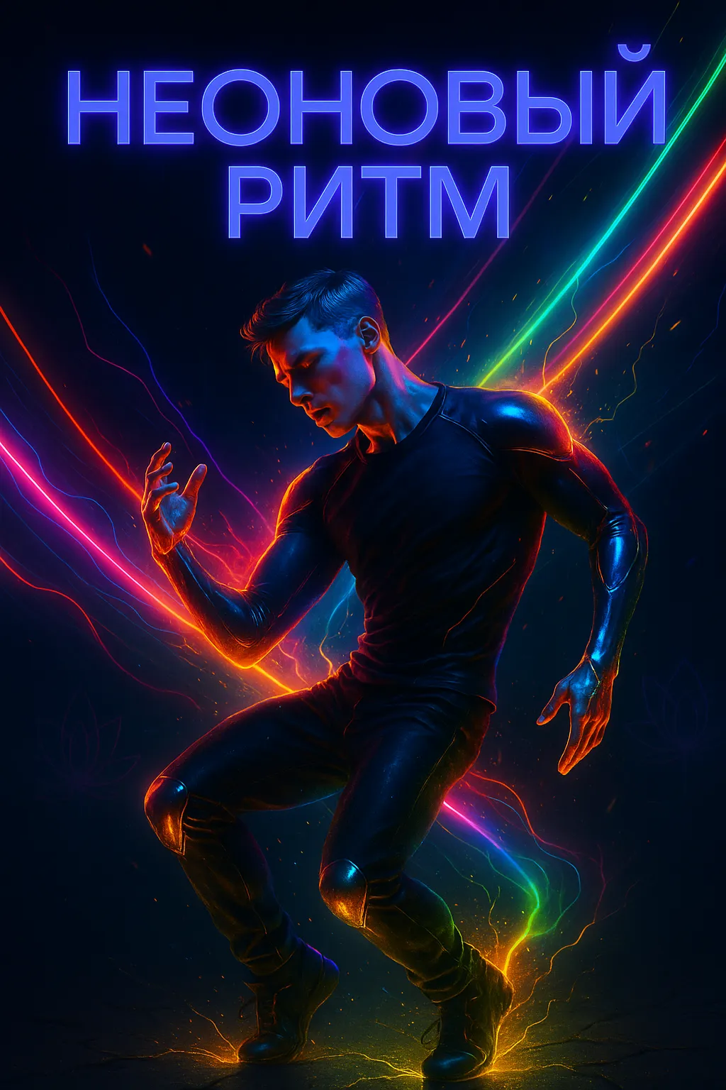 Неоновый Ритм: история песни о том, как музыка ломает серый фон реальности Танцор в динамичной позе в окружении ярких неоновых линий. Обложка к песне «Неоновый Ритм» в жанре электронной музыки.