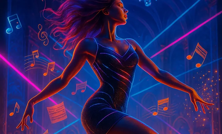 Неоновый Ритм: Энергия рейва в хрупкой оболочке барокко Девушка танцует в зале в стиле барокко под неоновыми огнями. Обложка для танцевального хита в жанре electro swing «Неоновый Ритм».