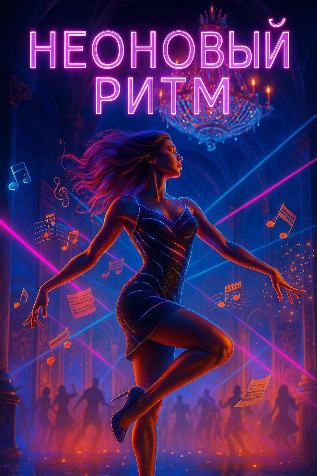 Неоновый Ритм: Энергия рейва в хрупкой оболочке барокко Девушка танцует в зале в стиле барокко под неоновыми огнями. Обложка для танцевального хита в жанре electro swing «Неоновый Ритм».