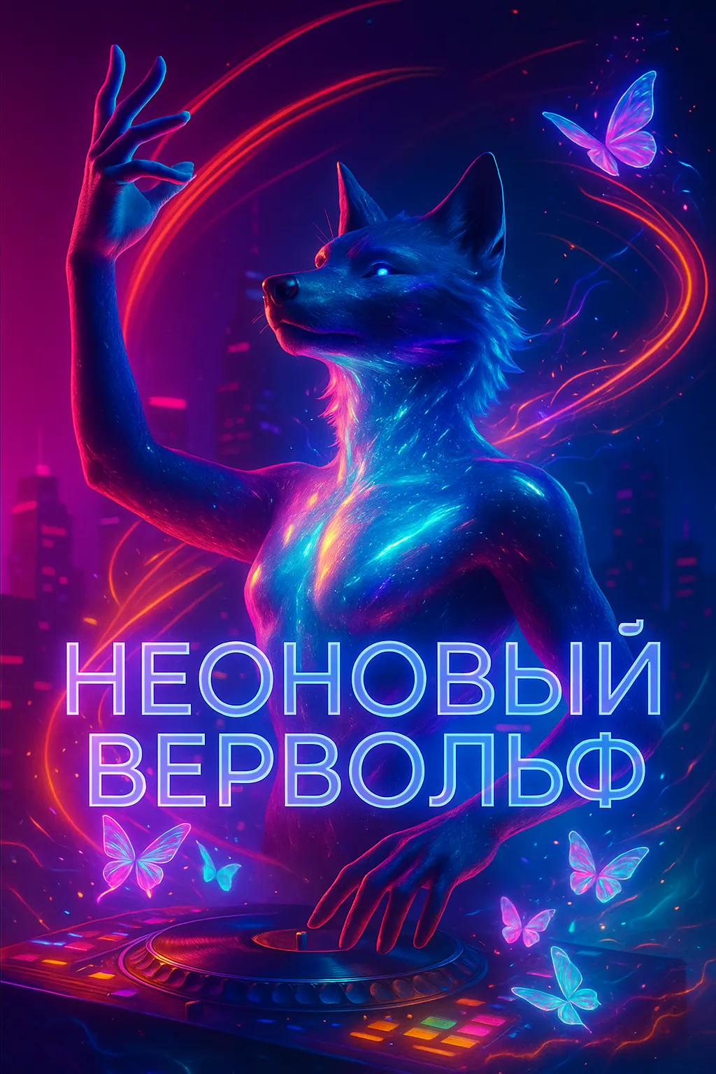 Неоновый вервольф: история песни о свете, что прячется внутри Неоновый вервольф-диджей за пультом в окружении бабочек и неоновых огней. Официальная обложка сингла в стиле синтвейв.
