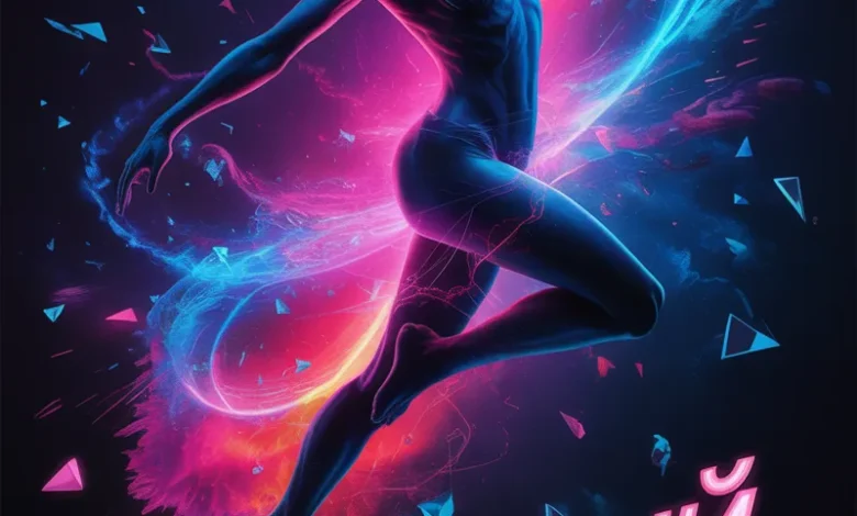 Неоновый Взрыв: почувствуй пульс ретро-будущего в новом синт-поп хите! Обложка сингла «Неоновый Взрыв». Девушка в энергичном танце среди потоков неонового света в стилистике ретровейв и синт-поп.