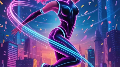 Неоновый Взрыв: Путешествие из эры джаза на футуристичный рейв Арт к песне «Неоновый Взрыв»: девушка в VR-очках танцует на фоне футуристичного города под танцевальную музыку.
