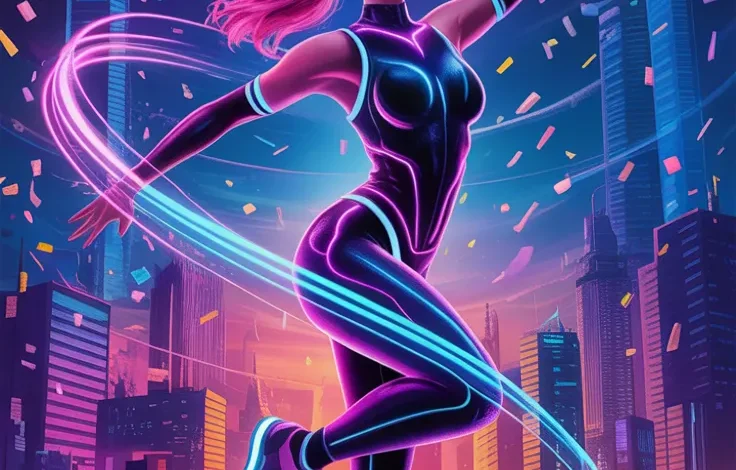 Неоновый Взрыв: Путешествие из эры джаза на футуристичный рейв Арт к песне «Неоновый Взрыв»: девушка в VR-очках танцует на фоне футуристичного города под танцевальную музыку.