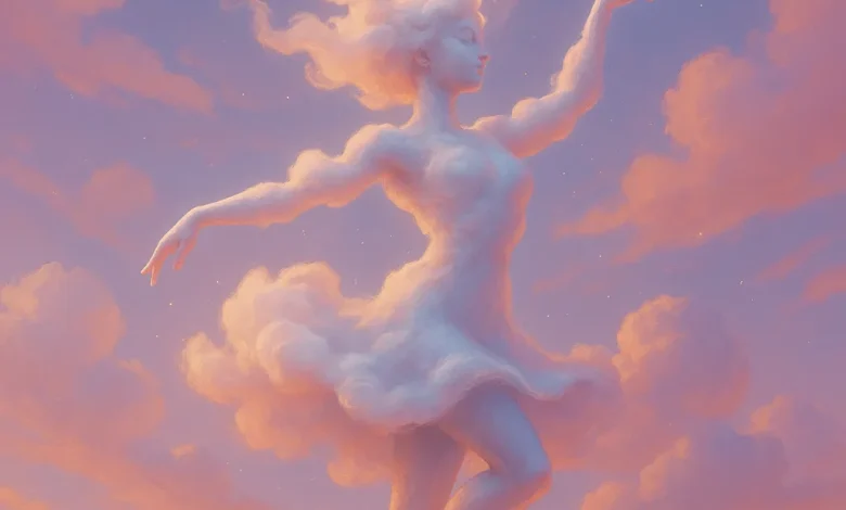 Как звучит розовый сон? Погружение в мир песни «Облачный Танец» Арт-обложка к песне «Облачный Танец». Девушка, созданная из облаков, танцует в пастельном небе. Сюрреализм в стиле дрим-поп.